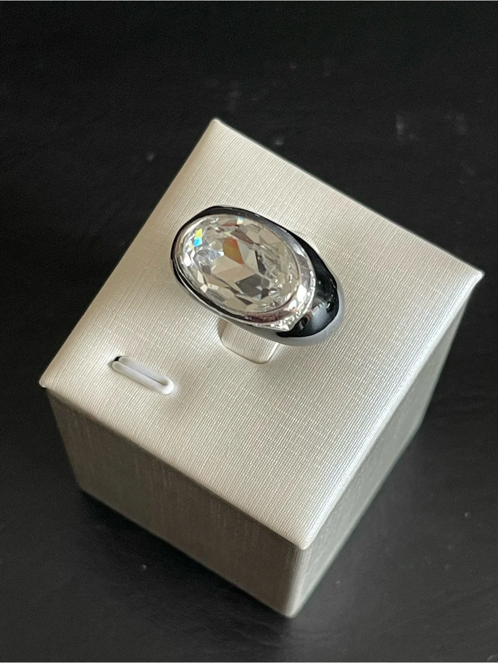 Vintage black enamel & Clear Oval Crystal Cocktail Ring.